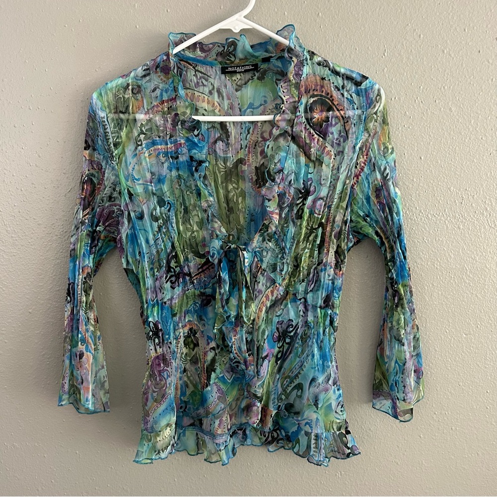 Notations Petite M Sheer Crinkle Pleated Ruffle Cardigan Top Paisley 90s Y2K